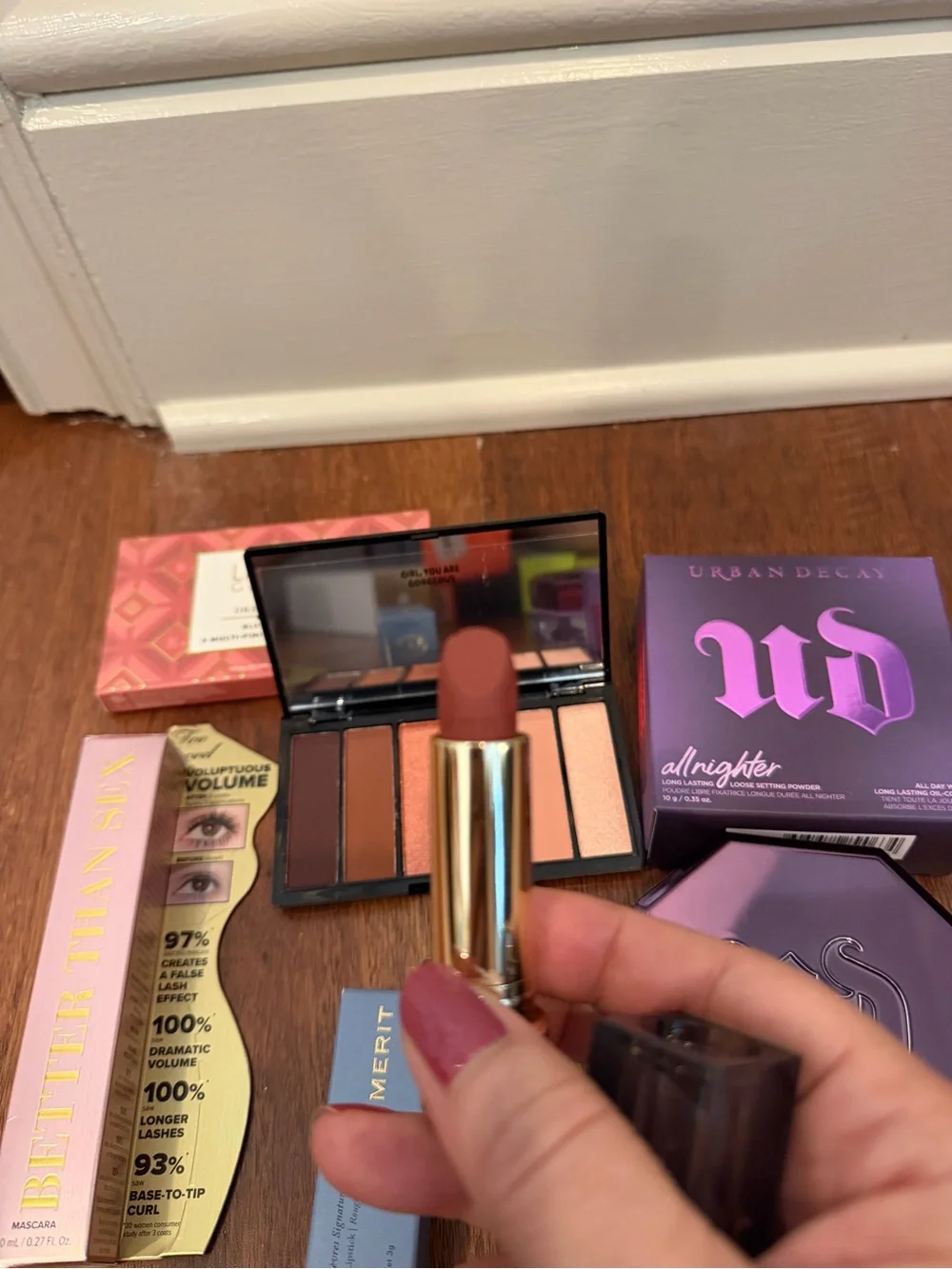 Urban Decay, Merit lippy, Too faced mascara, Laura Geller eye shadow palette